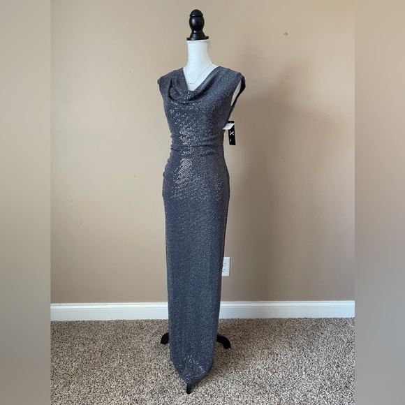 X BY XSCAPE | Gunmetal Gray Sequin Draped Neck Open Back Gown - Picture 5 of 11